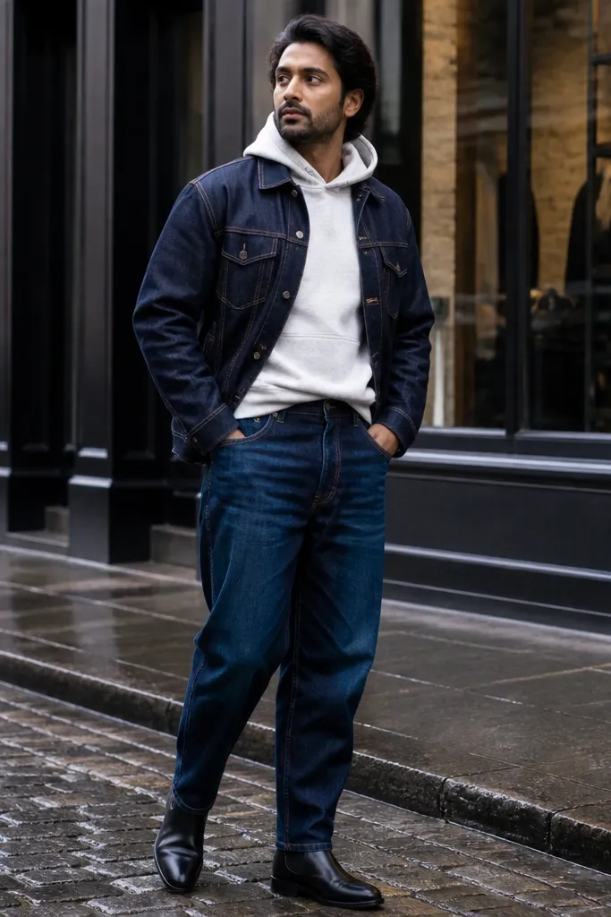 White hoodie under a denim jacket with dark blue baggy jeans
