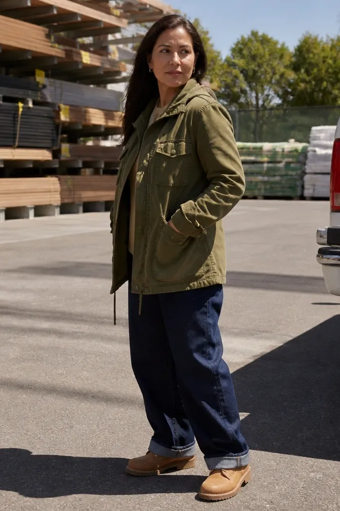 Olive utility jacket with dark blue baggy jeans and tan work boots