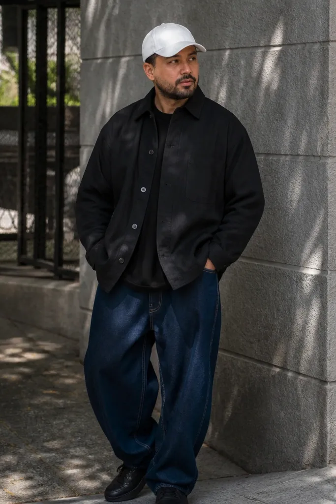 Black overshirt with dark blue baggy jeans and white baseball cap