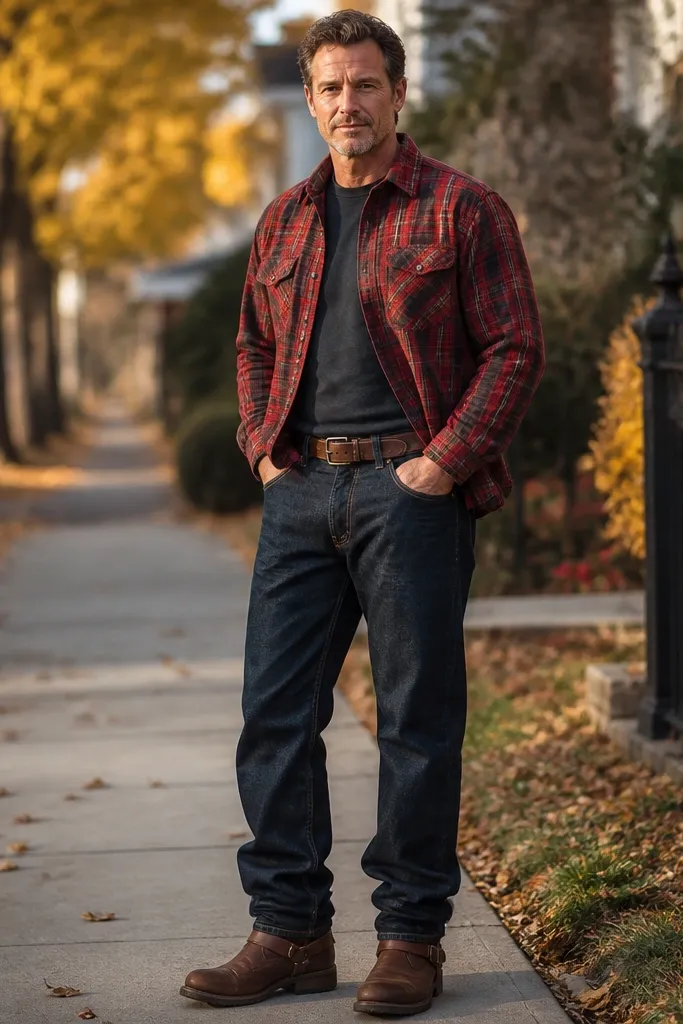 Red flannel shirt with dark blue baggy jeans and brown boots