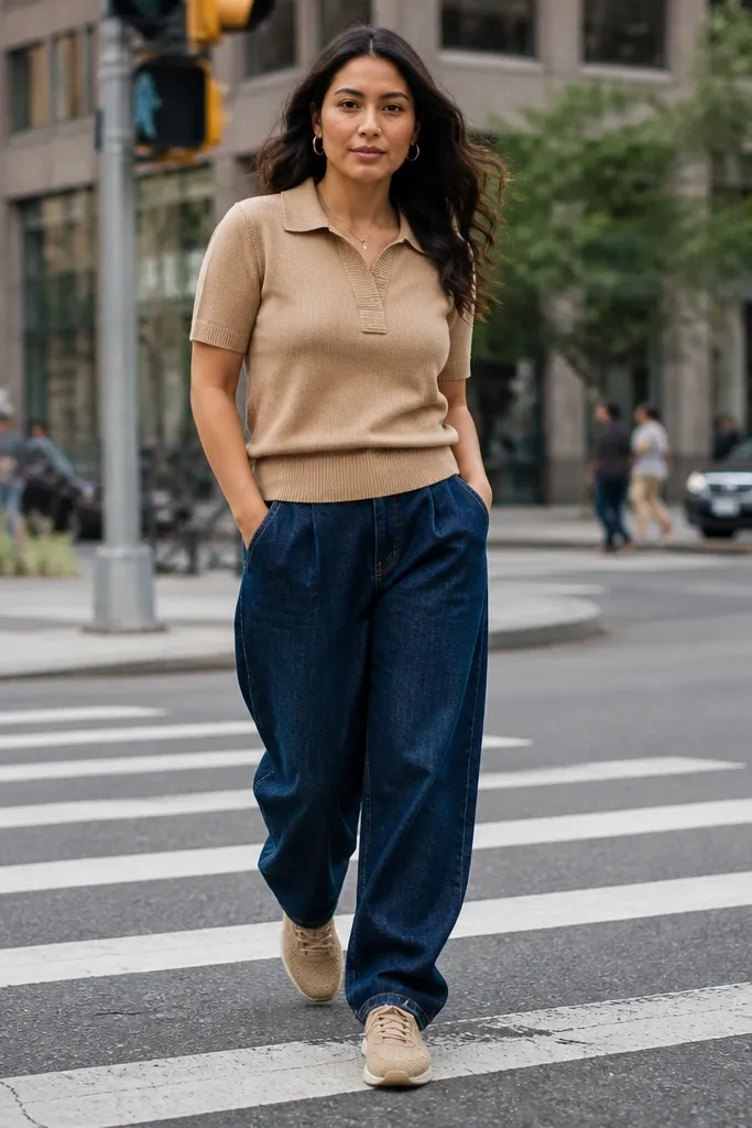 Tan knit polo with dark blue baggy jeans and dark denim sneakers