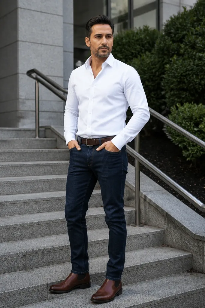 White oxford shirt with dark blue jeans and brown leather boots