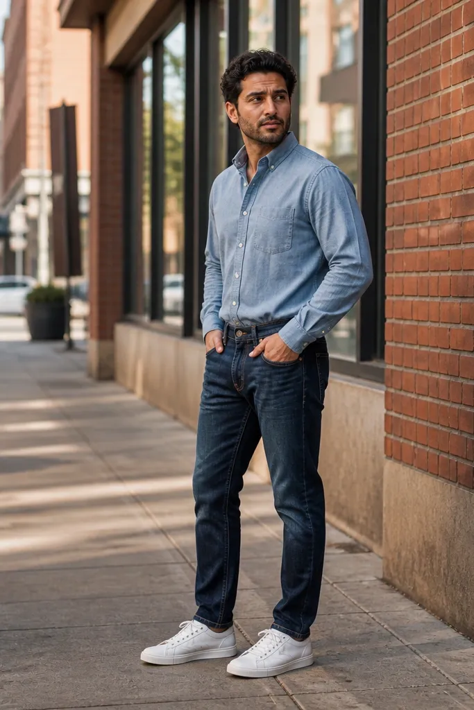Light blue chambray shirt with dark blue jeans and white sneakers