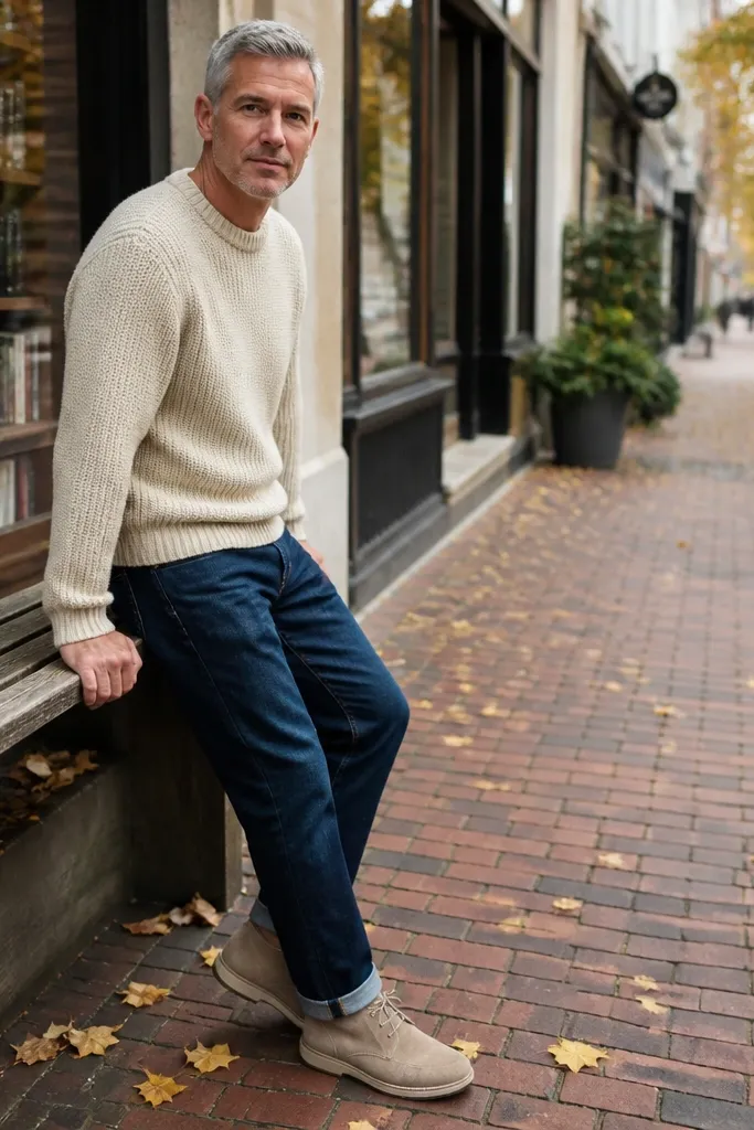 Cream crewneck sweater with dark blue jeans and suede desert boots