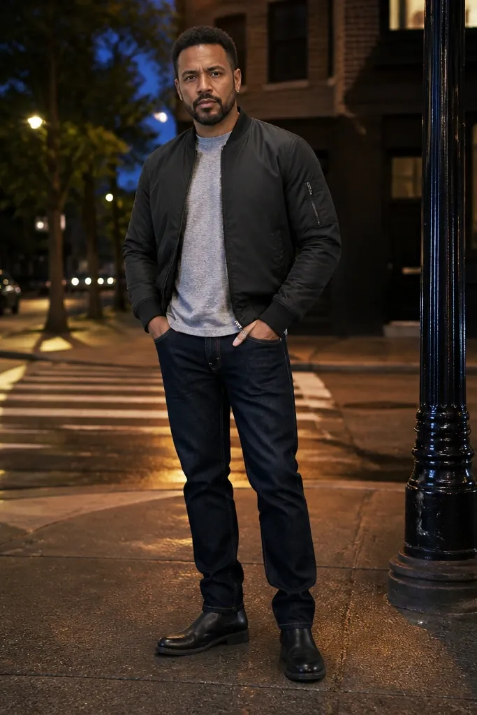 Black bomber jacket over a gray t-shirt with dark blue jeans
