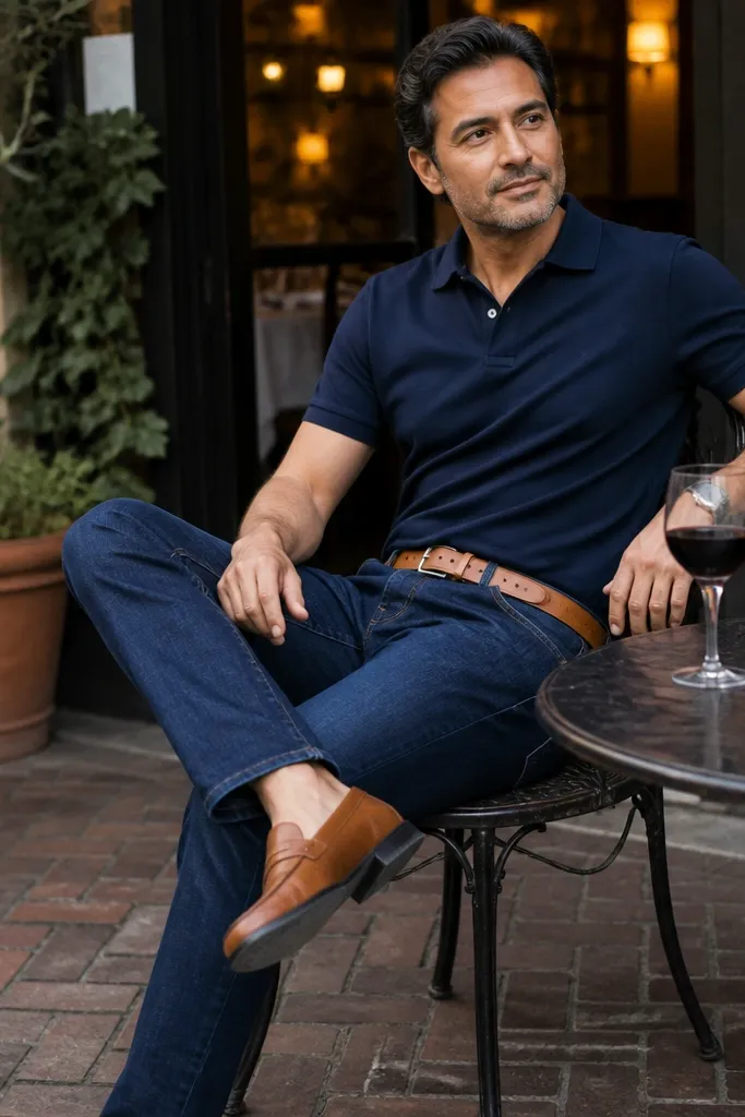 Navy polo with dark blue jeans, tan belt, and loafers