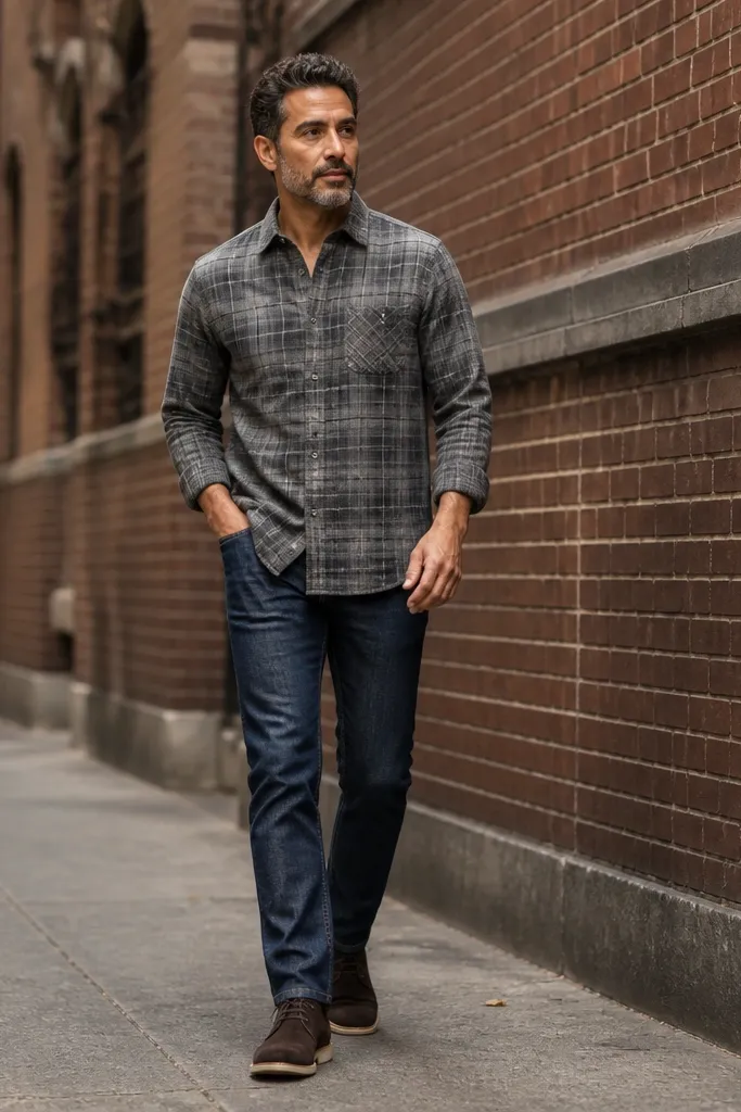 Gray flannel shirt with dark blue jeans and dark brown chukka boots