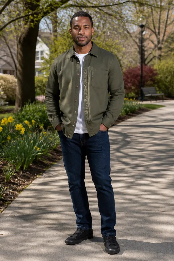 Olive overshirt over a white tee with dark blue jeans and black sneakers