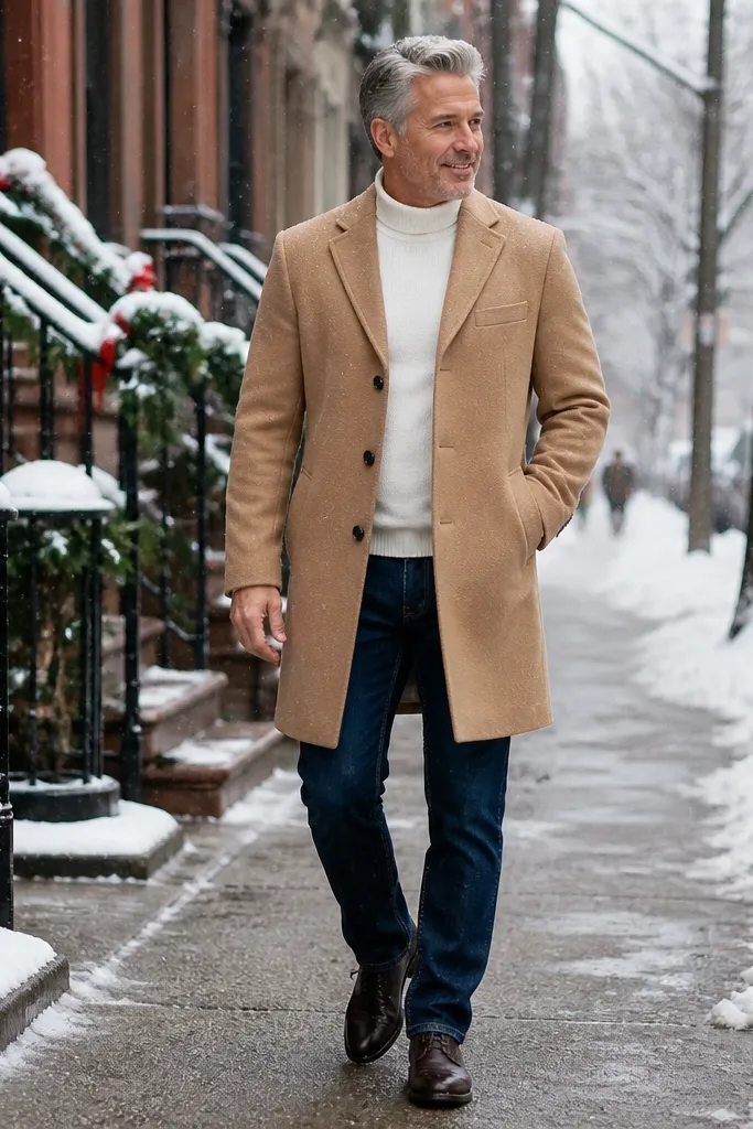 Camel car coat over a white turtleneck with dark blue jeans