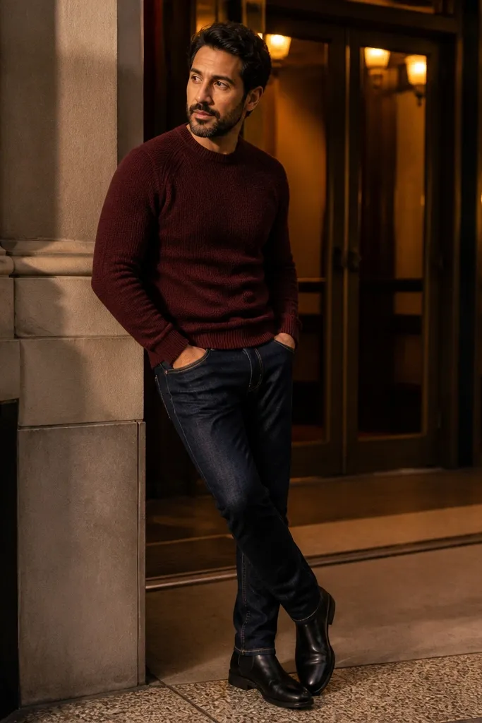 Burgundy crewneck sweater with dark blue jeans and black Chelsea boots