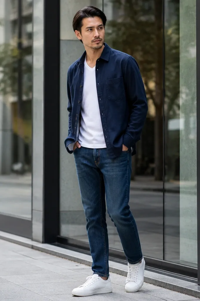 White V-neck tee with navy overshirt, dark blue jeans, and sneakers