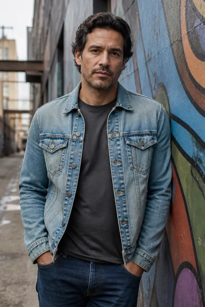 Charcoal t-shirt with a lighter denim jacket and dark blue jeans