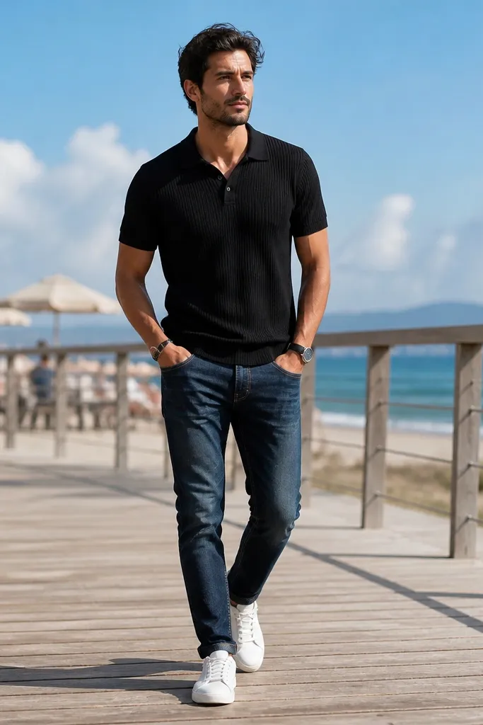 Black knit polo with dark blue jeans and white low-top sneakers