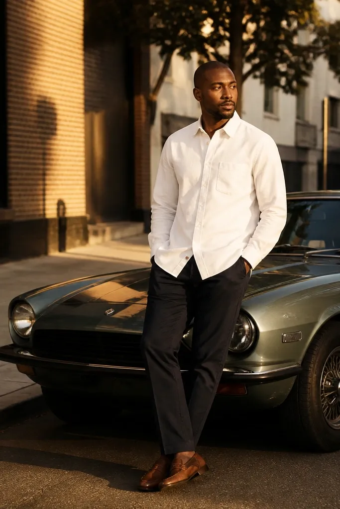White overshirt with brown loafers and dark blue jeans