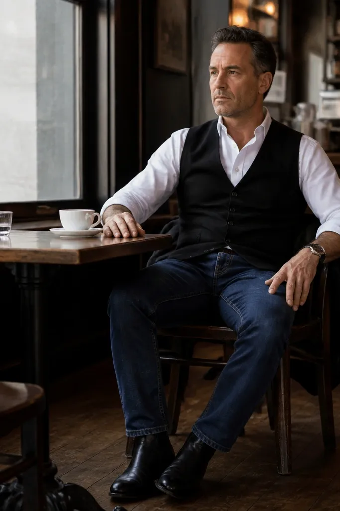 White button-down with black vest and dark blue jeans with Chelsea boots