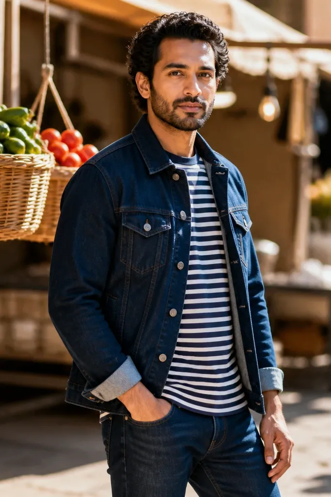 Striped Breton tee with navy denim jacket and dark blue jeans