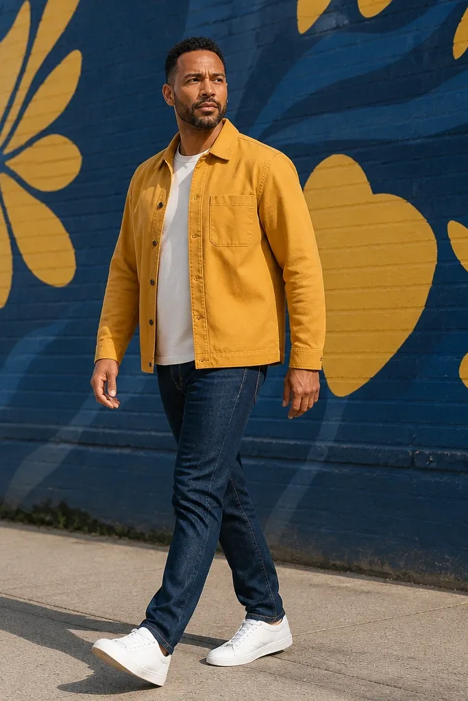 Mustard overshirt with dark blue jeans and white sneakers