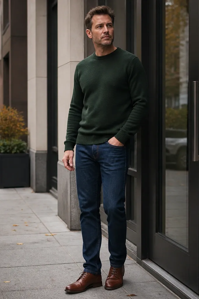 Forest green sweater with dark blue jeans and brown derby shoes