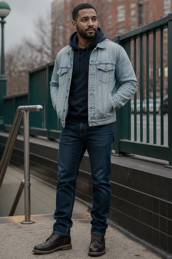 Navy hoodie under a light-wash overshirt with dark blue jeans and boots