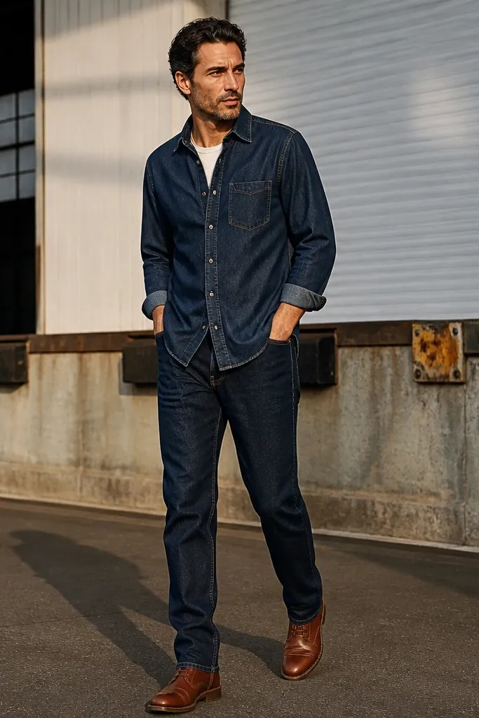 Indigo denim shirt worn with dark blue jeans and cognac boots