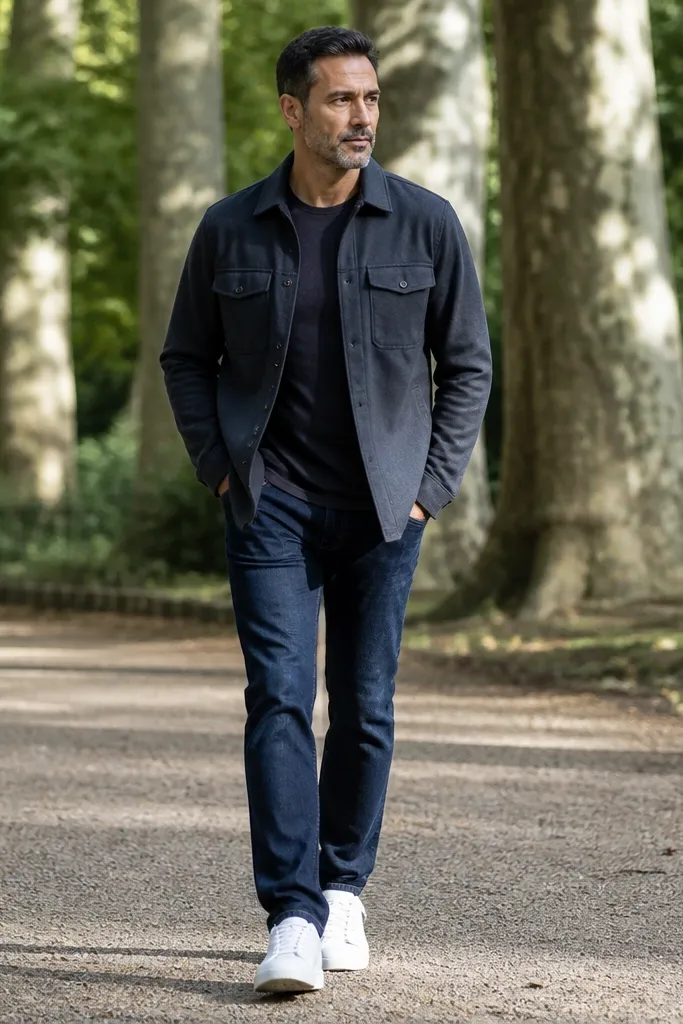 Charcoal overshirt over a tee with dark blue jeans and white trainers