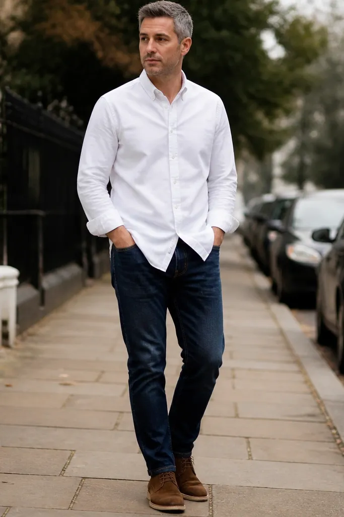 Dark blue jeans with a white button-up and brown chukka boots