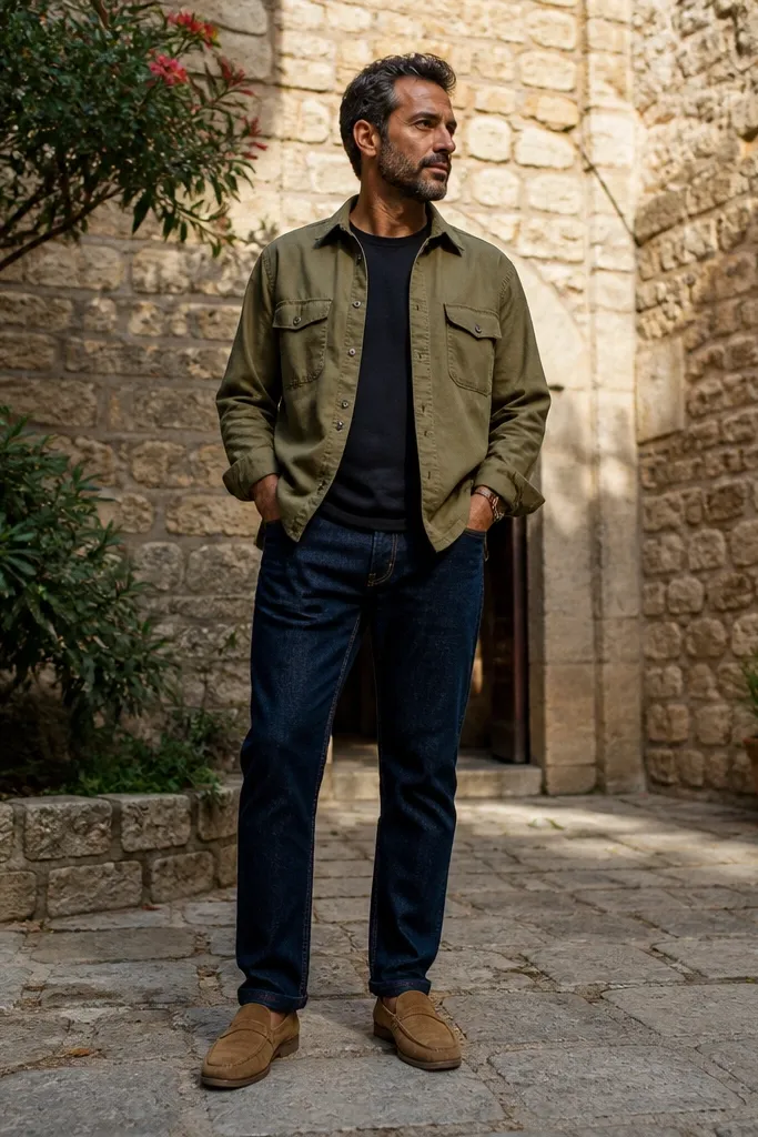 Dark blue jeans with an olive overshirt and tan suede loafers
