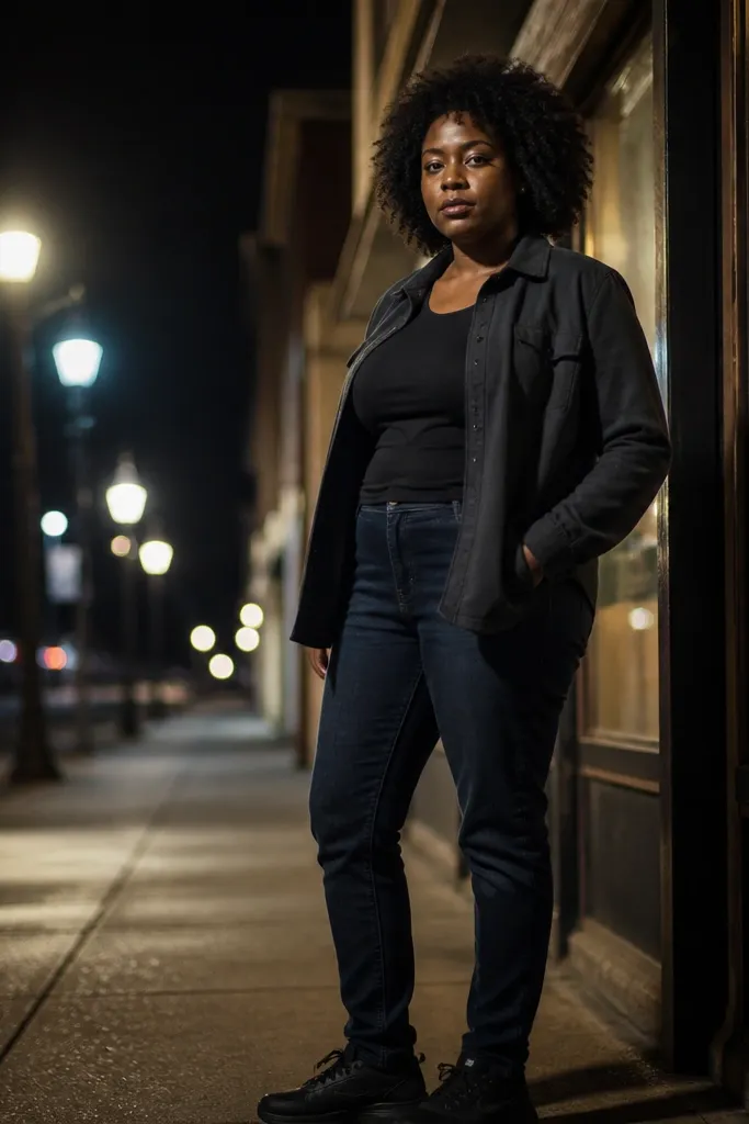 Dark blue jeans with a black t-shirt and charcoal overshirt