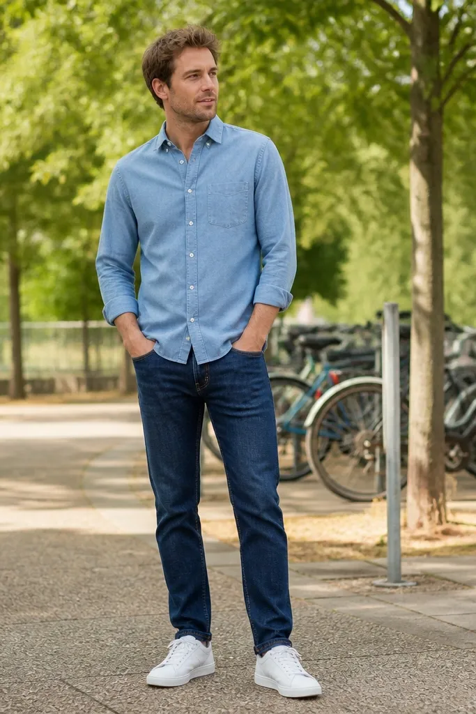 Dark blue jeans with a light blue chambray shirt and white sneakers