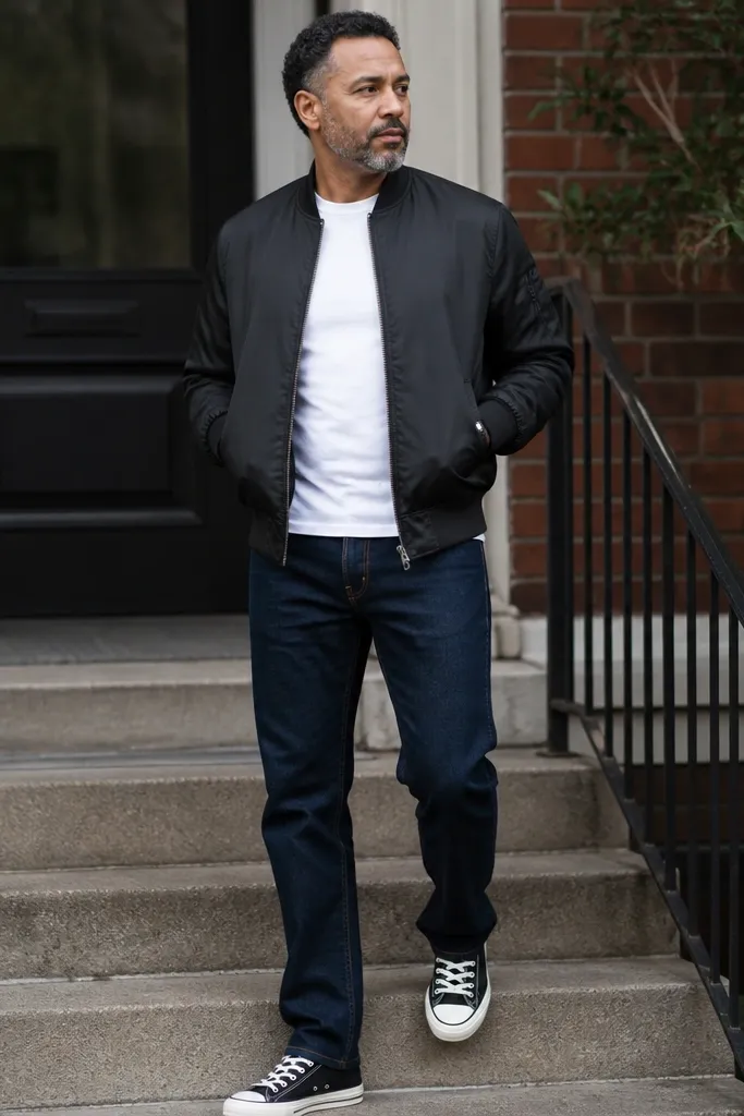 Dark blue jeans with a white t-shirt and a black bomber jacket