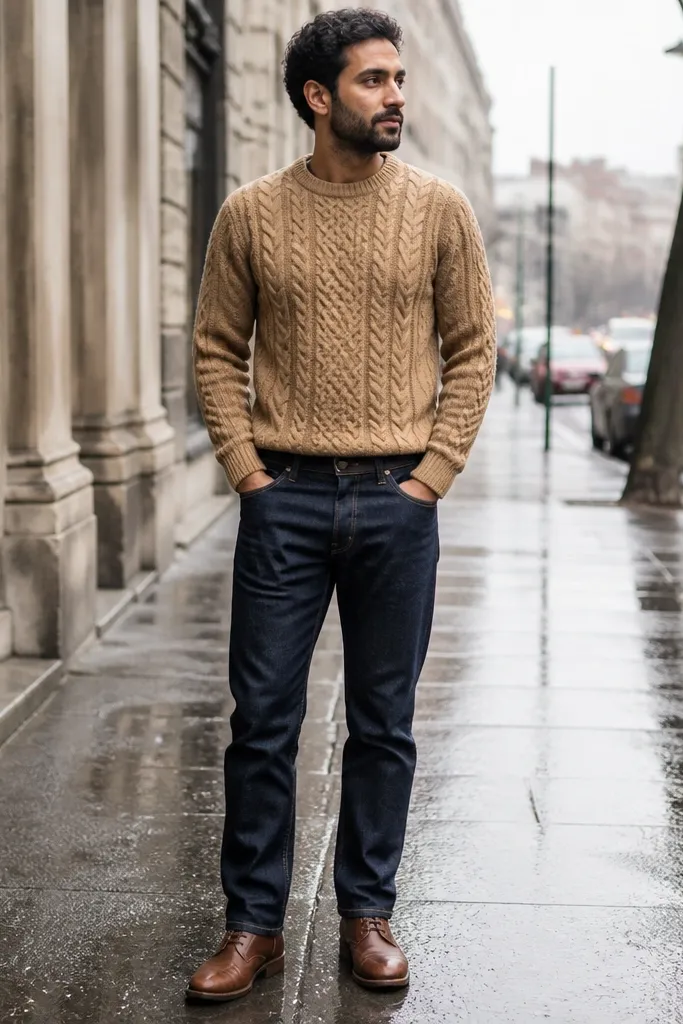 Dark blue jeans with a tan cable knit sweater and brown boots