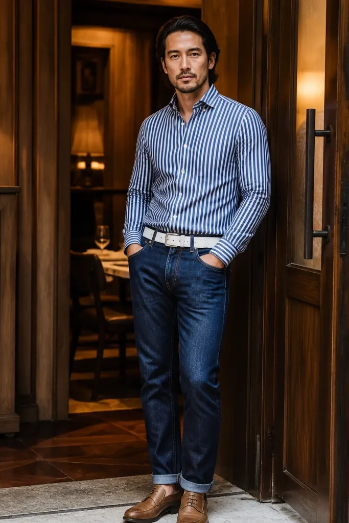 Dark blue jeans with a navy striped shirt and a white belt