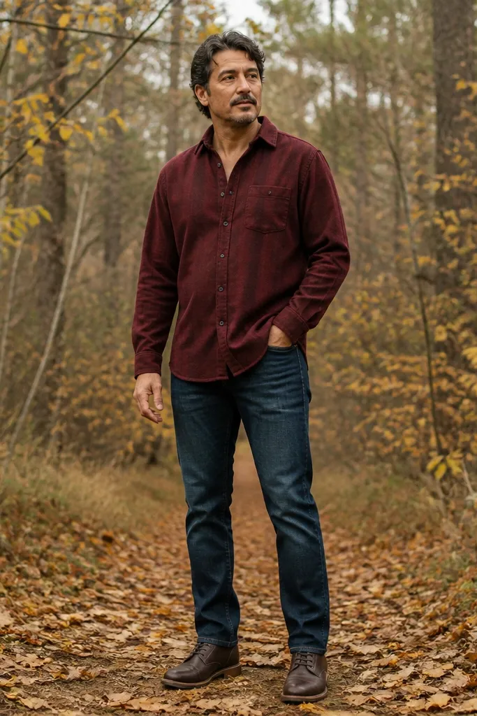 Dark blue jeans with a burgundy flannel shirt and dark brown derby shoes