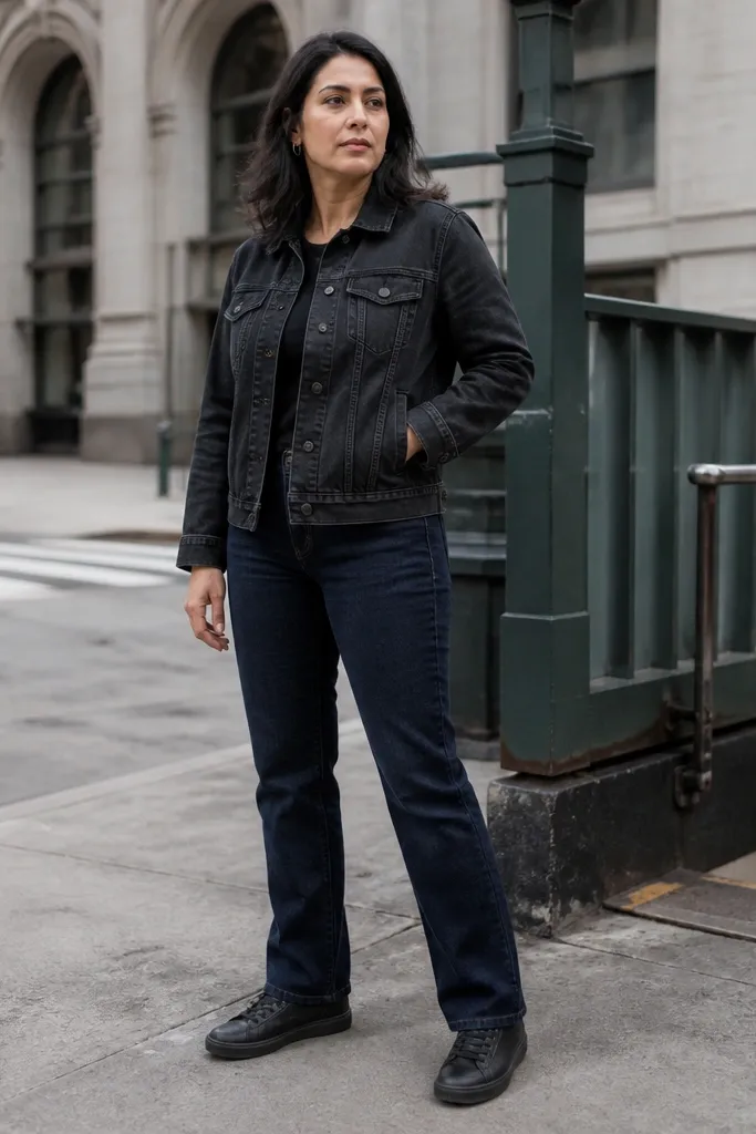 Dark blue jeans with a black denim jacket and black sneakers