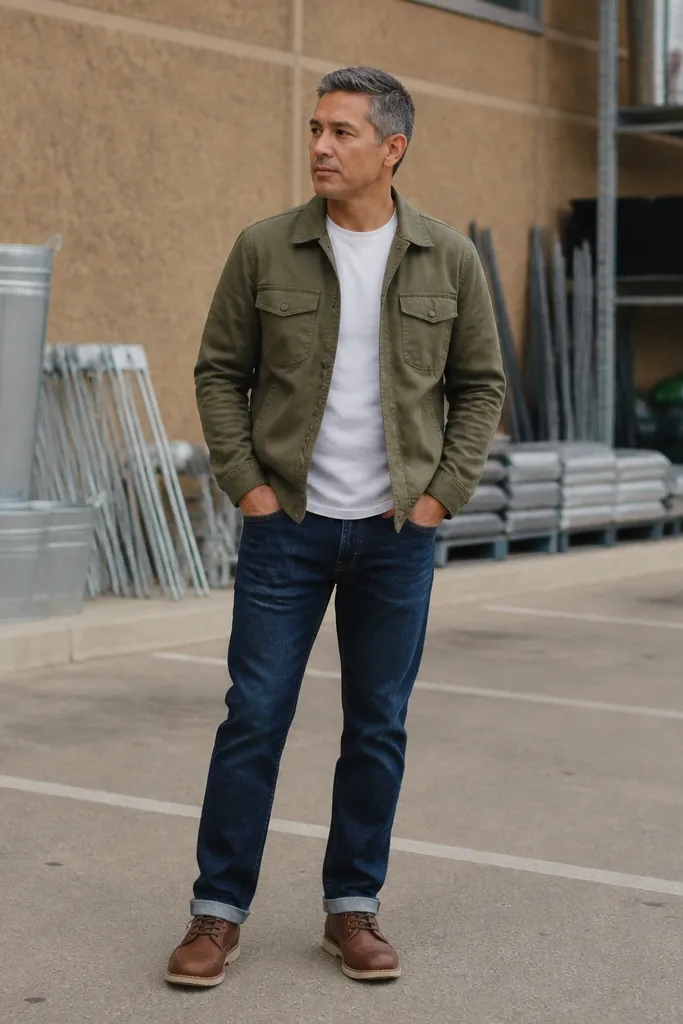 Dark blue jeans with a white t-shirt and an olive field jacket
