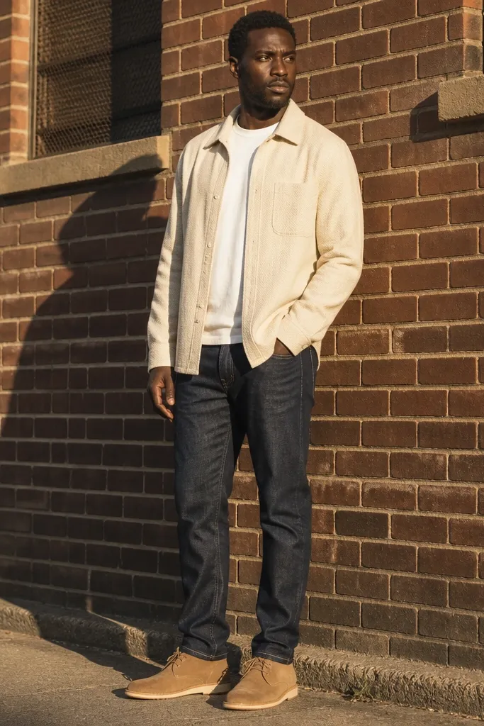 Dark blue jeans with a cream overshirt and tan suede desert boots