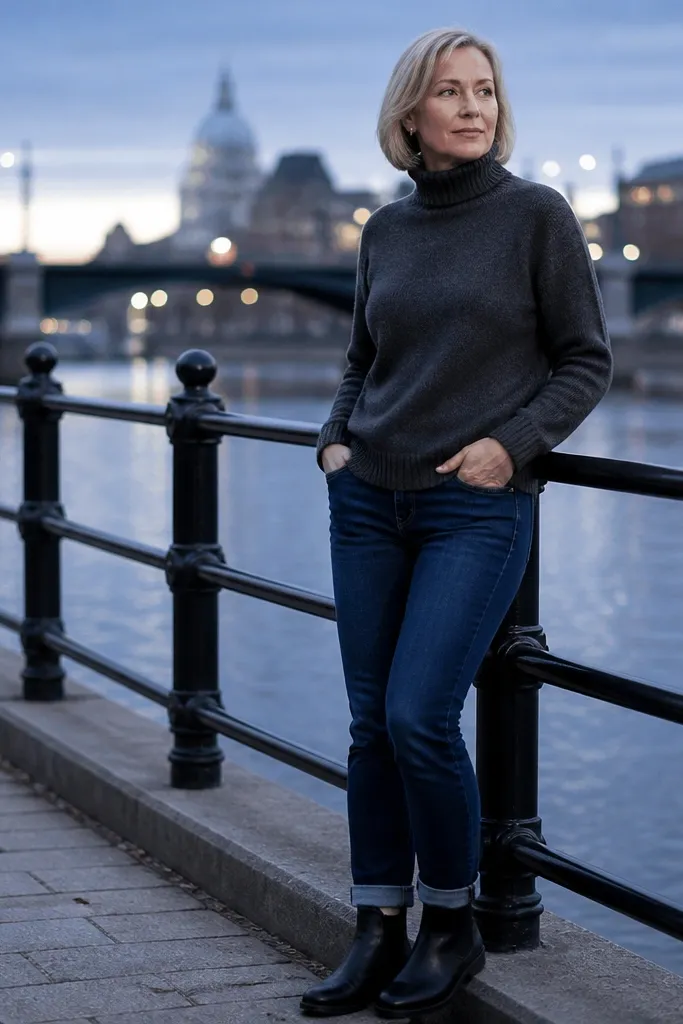 Dark blue jeans with a charcoal turtleneck and black Chelsea boots