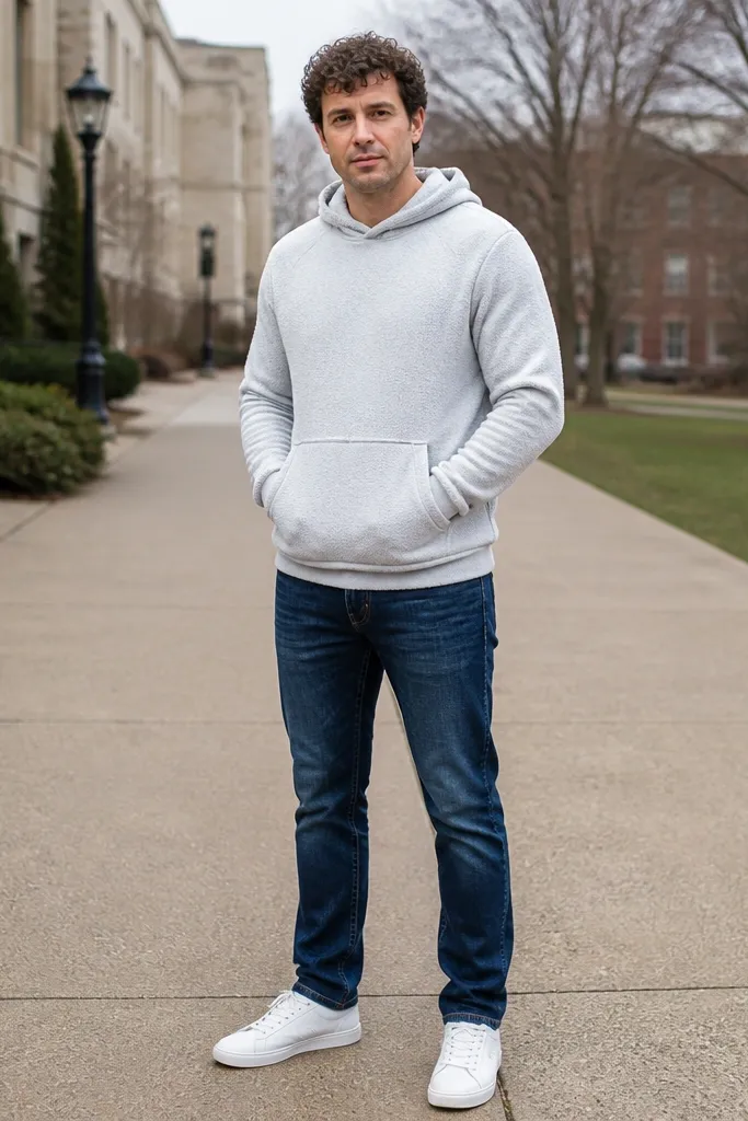 Dark blue jeans with a light gray hoodie and white sneakers