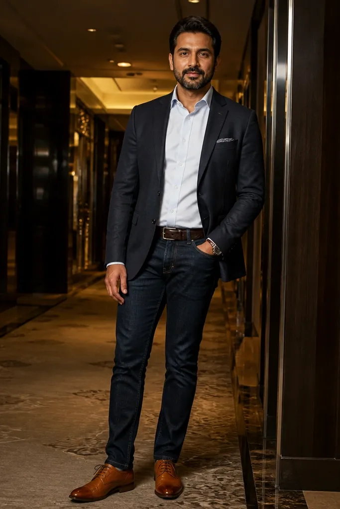 Dark blue jeans with a navy blazer and tan oxford shoes