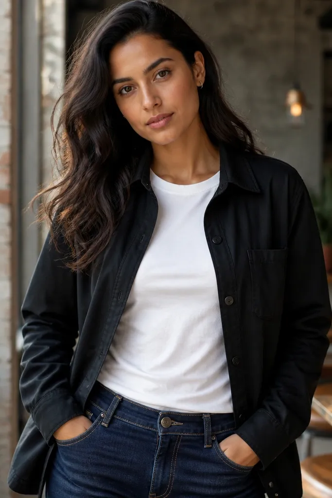 Dark blue jeans with a black shirt jacket and white tee