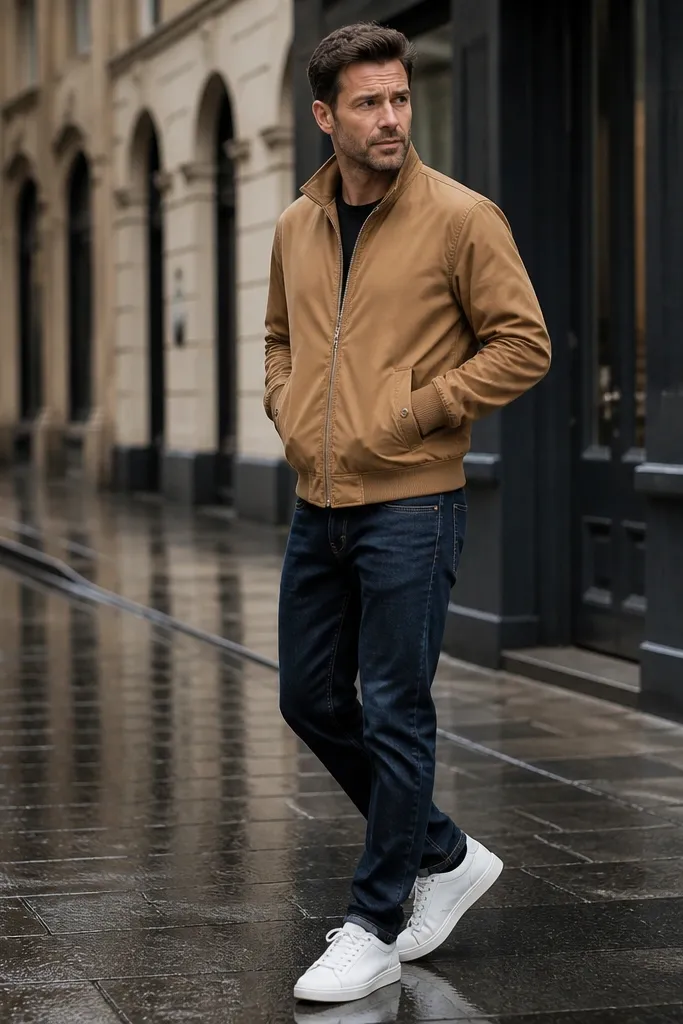 Dark blue jeans with a tan harrington jacket and white sneakers