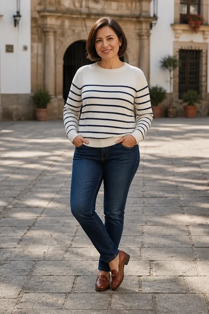 Dark blue jeans with a striped crewneck sweater and brown loafers
