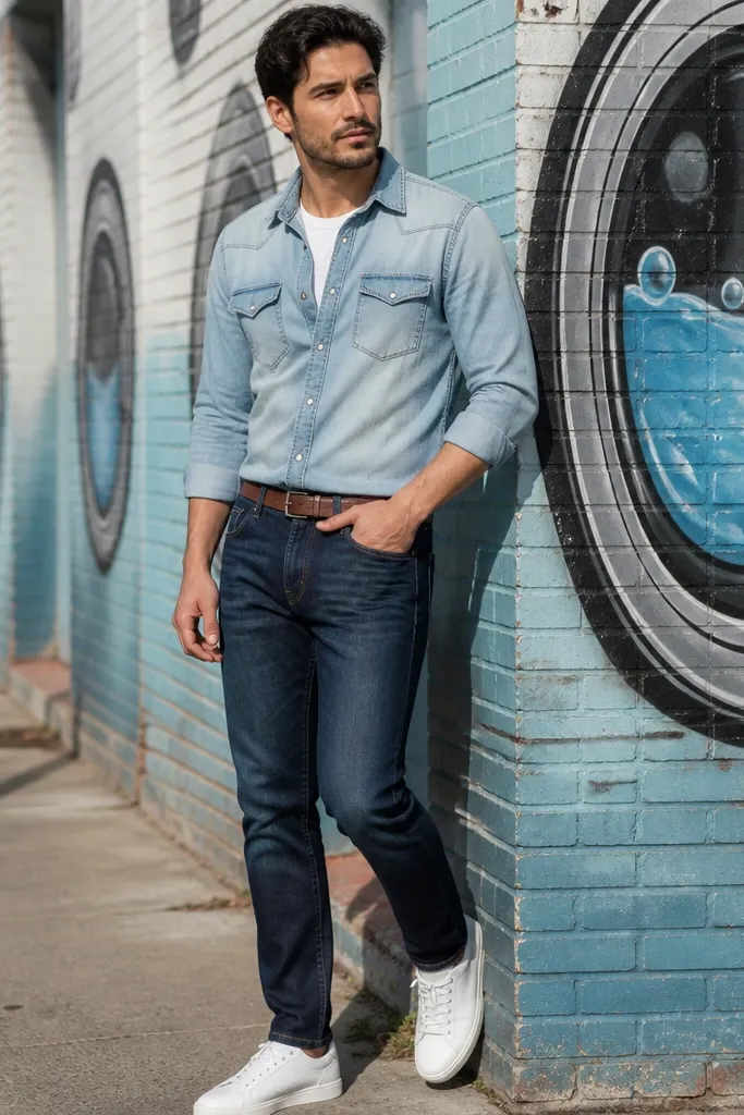 Dark blue jeans with a light wash denim shirt and tan boots