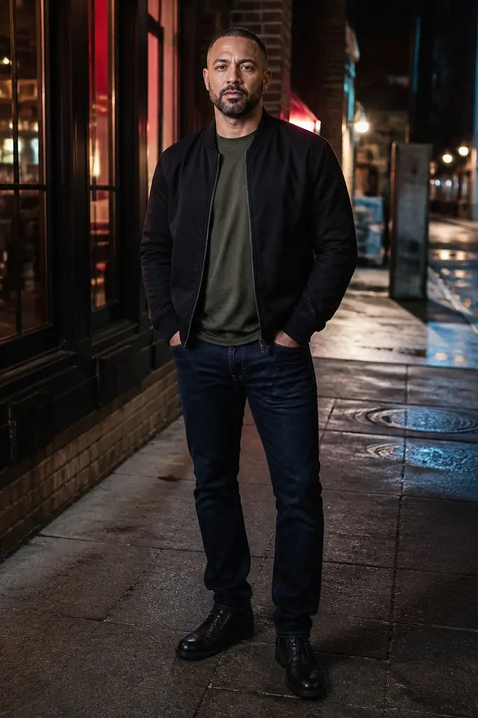 Dark blue jeans with a black bomber and olive t-shirt