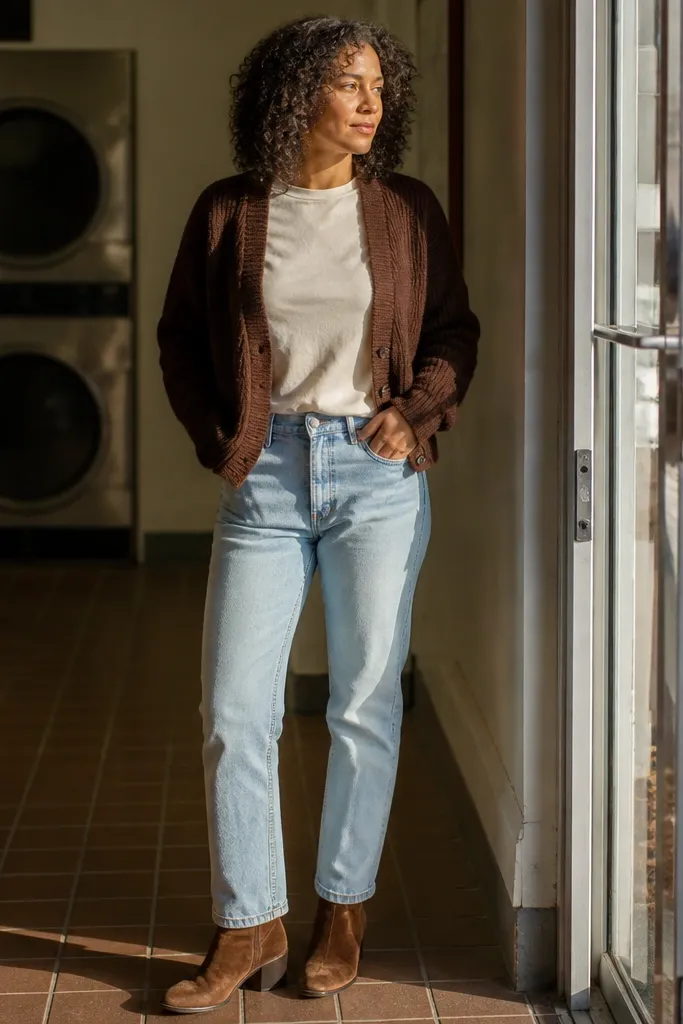 Cream tee with dark brown cardigan, light jeans, and brown suede boots