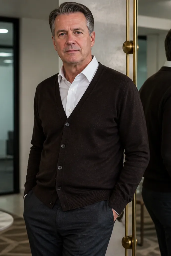 White button-down under dark brown cardigan with charcoal trousers and brown loafers