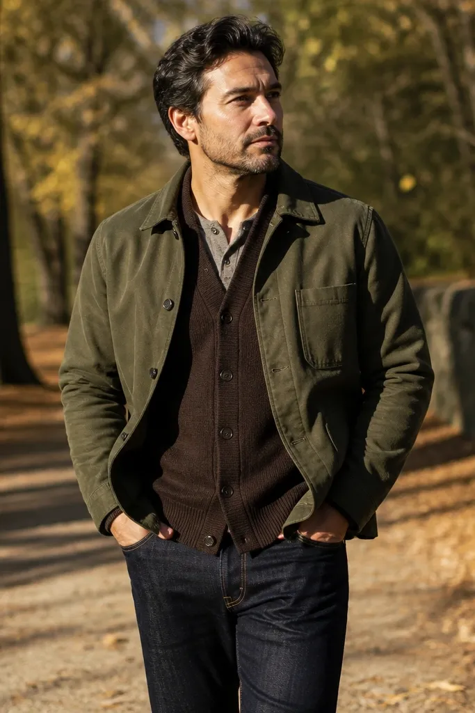 Olive overshirt under dark brown cardigan with dark denim jeans and boots