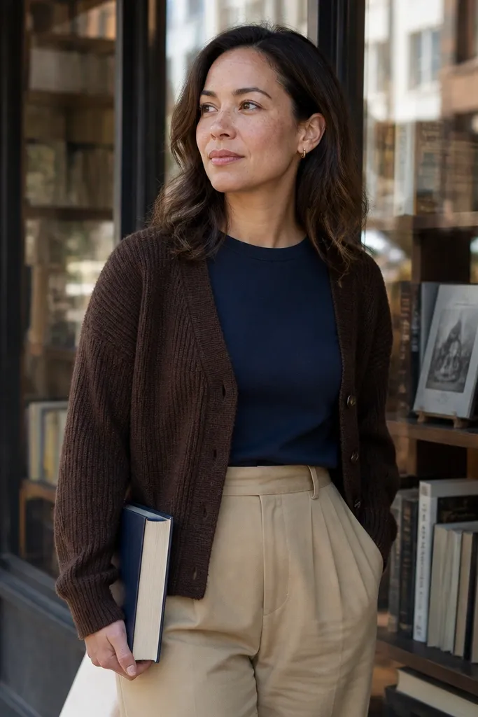 Navy crewneck under dark brown cardigan with beige chinos and brown leather shoes