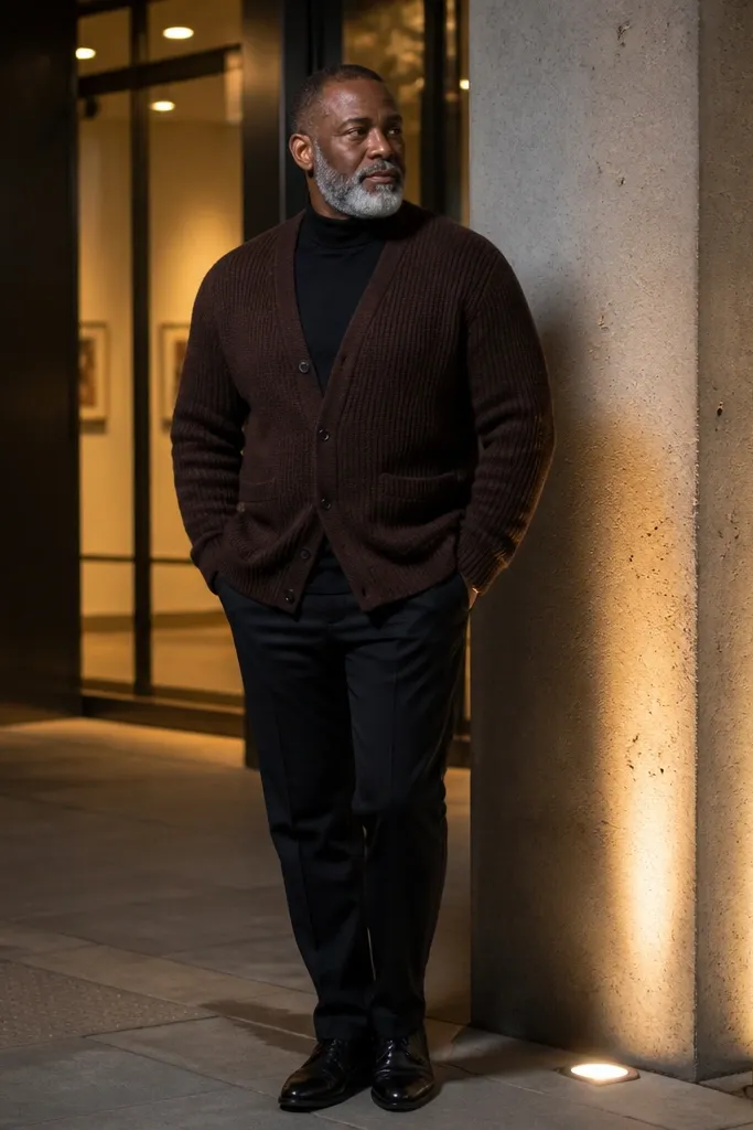 Black turtleneck with dark brown cardigan over slim black trousers and black boots