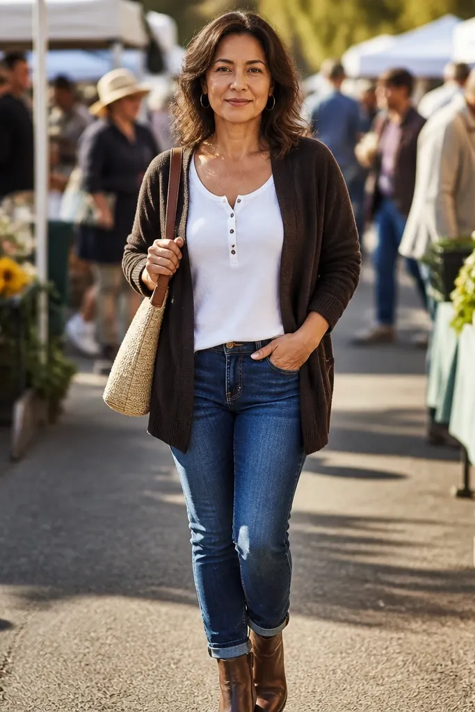 White henley under dark brown cardigan with mid-blue jeans and brown sneakers